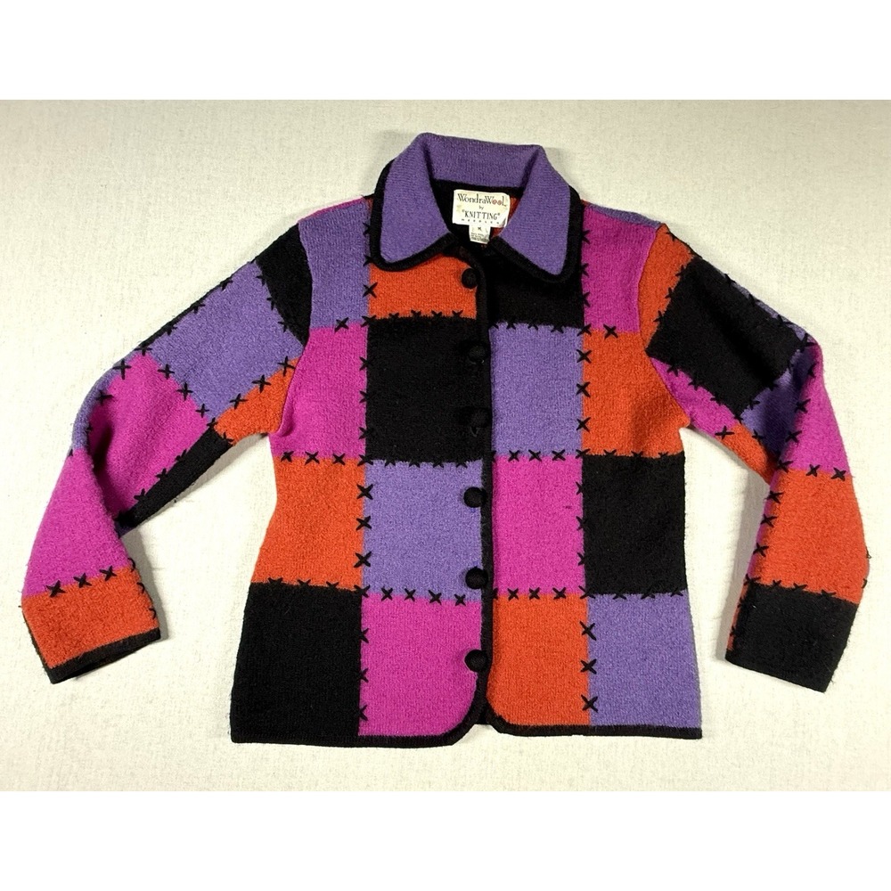 VTG Wondra Wool by Knitting Needles 100% Wool Cardigan/Jacket‎ M Patchwork